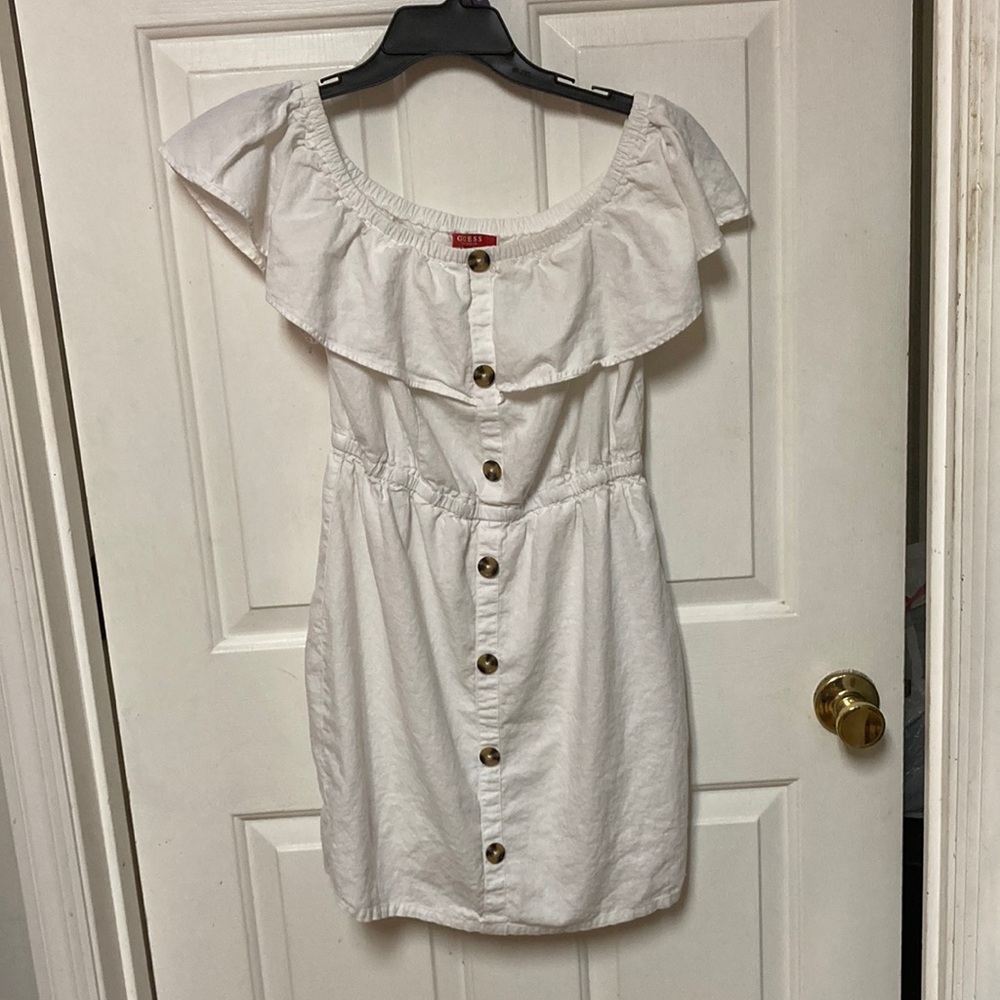 Guess White Off-Shoulder Button-Down Dress